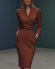 Women's cocktail dress, V-neck, long sleeves, fitted with waist belt, rust brown