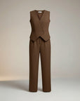 Women’s brown co ord set: sleeveless buttoned waistcoat with matching wide-leg trousers