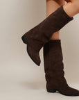 Brown knee-high chunky heel boots, suede-look, side view with pointed toe