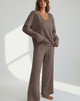 Taupe ribbed knit V-neck top and wide-leg trousers loungewear set
