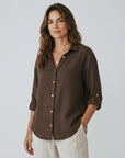 Women’s linen-cotton blend shirt, dark brown button-front, three-quarter sleeves