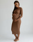 Brown ribbed maternity midi dress with long sleeves and diagonal wrap-front detail