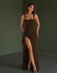 Brown evening maxi dress with square neckline and thigh-high side slit