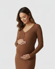 Women's brown ribbed knit maternity midi dress, long sleeves, V-neck placket.