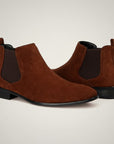 Men's suede square-toe Chelsea boots, brown with black side elastics and sole