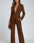 Brown tailored suit with V-neck blazer and wide-leg trousers, long sleeves