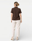 Dark brown short-sleeve button-up shirt, back view, with curved hem