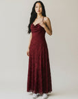 Burgundy jacquard maxi dress with spaghetti straps and V-neck, ankle-length skirt