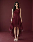 Wine sleeveless high-low cocktail dress with lace bodice and asymmetrical chiffon hem