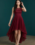 Wine sleeveless high-low cocktail dress with lace top and chiffon layered skirt