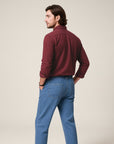 Men's slim fit long sleeve button-up shirt, burgundy back view with button cuffs