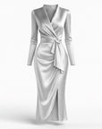 Light grey satin midi wrap dress with V-neck, long sleeves, tied waist bow and slit.