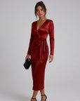 Red satin midi wrap dress, V-neck, long sleeves, tied waist, midi slit hem.