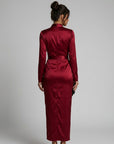 Red satin midi wrap dress back view with long sleeves and tied waist detail.