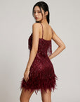 Red glitter sequin mini dress with thin straps and feather fringe hem