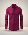 Men's slim-fit stretch dress shirt, burgundy button-front long sleeves, pointed collar.