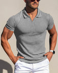 Men's solid knitted polo shirt, light gray, short sleeves, ribbed knit