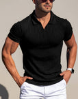Men's solid knitted polo shirt, black, short sleeves, ribbed knit