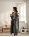 Women's long knitted cardigan, dark gray, open front with patch pockets and drop shoulders