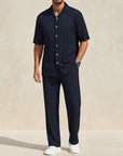 Navy striped short-sleeve cardigan and matching trousers set
