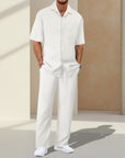 White striped short-sleeve cardigan and matching trousers set