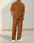 Brown striped short-sleeve cardigan and matching trousers set