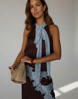 Women's lace patchwork crop top and long skirt set, dark brown with light blue trim