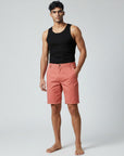 Men's chino shorts in pink, relaxed fit, button fly, belt loops, knee-length