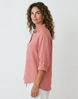 Pink linen-cotton blend button-up shirt with rolled three-quarter sleeves