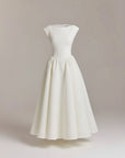 White cap-sleeve midi dress with fitted bodice and flared gathered skirt