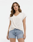 Cotton V-neck twist-front T-shirt, short sleeves, light white
