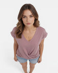 Cotton V-neck twist-front T-shirt, short sleeves, mauve pink