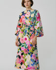 Multicolor floral wrap midi dress with kimono sleeves and tied waist
