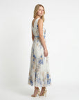 Side view pleated midi dress with sleeveless V-neck, cream and blue abstract print