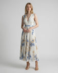 Sleeveless V-neck pleated midi dress, cream with blue abstract print