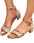 Women’s strappy block heel sandals with ankle strap, open toe, rose glitter straps, gold heel