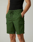Men's green cargo shorts with drawstring waist and side cargo pockets