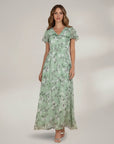 Green floral chiffon midi dress with V-neck and short flutter sleeves