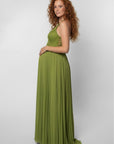 Olive green maternity maxi dress, sleeveless sweetheart neckline and pleated full skirt