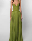 Olive green lace-look maxi dress, sweetheart neckline bodice, gathered pleated maxi skirt