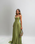 Olive green lace-look maxi dress with sweetheart neckline, pleated skirt, thin straps