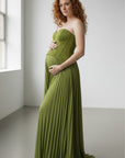 Olive green maternity maxi dress, sweetheart neckline, pleated skirt and thin straps