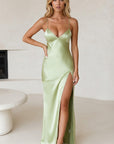 Light green satin maxi dress with V-neck and high leg slit