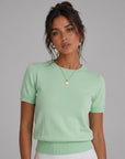 Women’s wool-blend knit sweater, light mint green short-sleeve crewneck