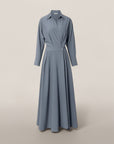 Powder blue midi shirt dress with three-quarter sleeves, button front, and waist tie