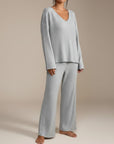 Light gray ribbed knit V-neck top and wide-leg trousers loungewear set