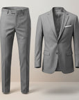 Grey tailored suit set with straight-leg trousers and single-breasted blazer