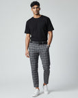 Dark gray plaid slim-fit ankle-length trousers with belt loops and button fly