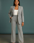 Grey tailored blazer and wide-leg pants set with front button closure