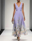 Lavender sleeveless V-neck maxi dress with floral panel hem and gathered waist
